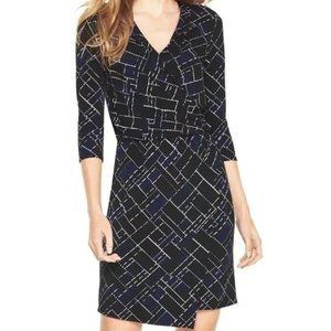 White House Black Market Faux Wrap Black Blue Geometric Print Dress size Small